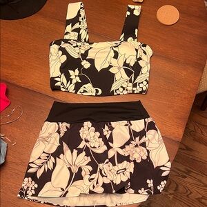 Lands' End Black and Cream Floral Swim Set
